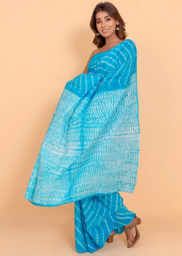 Azure Blue Cotton Saree with Blouse Piece - Image 3