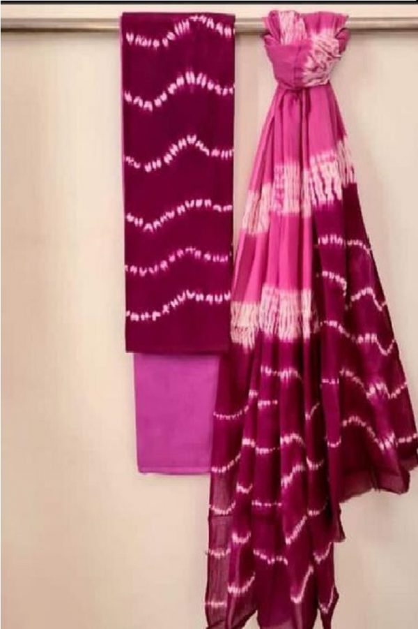 Maroon Pink Unstitched Pure Cotton Bandhej Suit Set with Bottoms and Dupatta