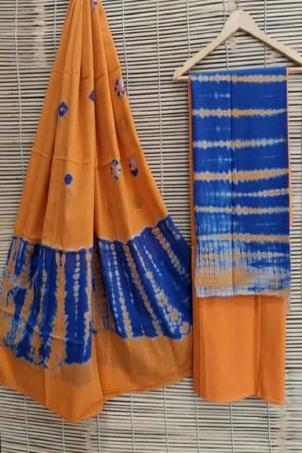 Blue Orange Unstitched Pure Cotton Bandhej Suit Set with Bottoms and Dupatta