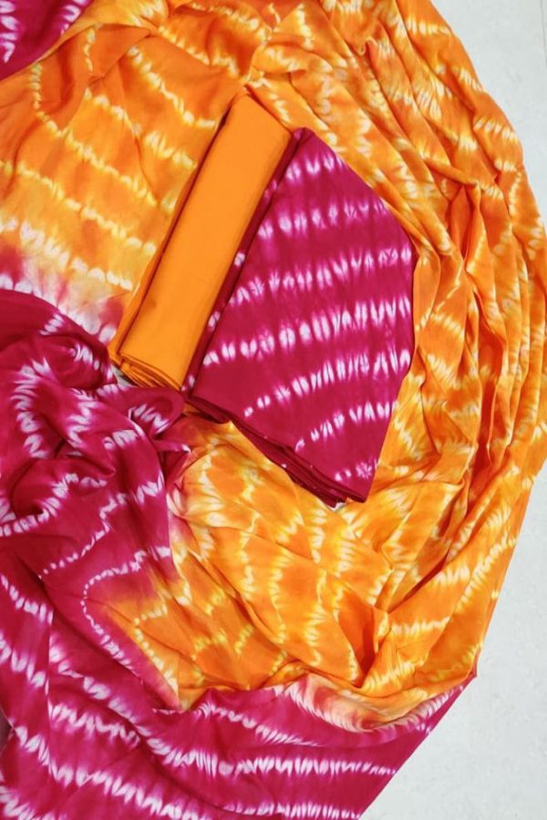 Pink Orange Unstitched Pure Cotton Bandhej Suit Set with Bottoms and Dupatta