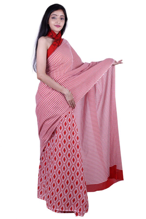 Printed Pure Cotton Saree with Blouse Piece- Formal & Party Wear - Image 5