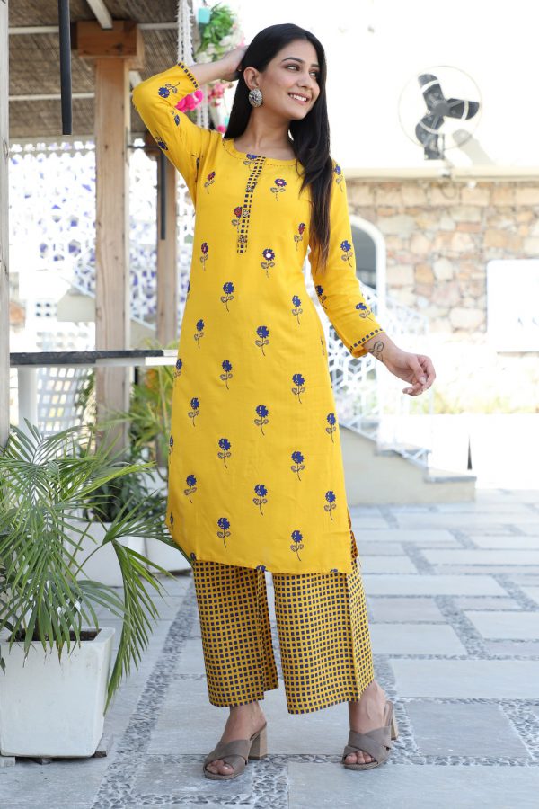 Mustard Mirror Work Kurti with Plazzo - Image 2