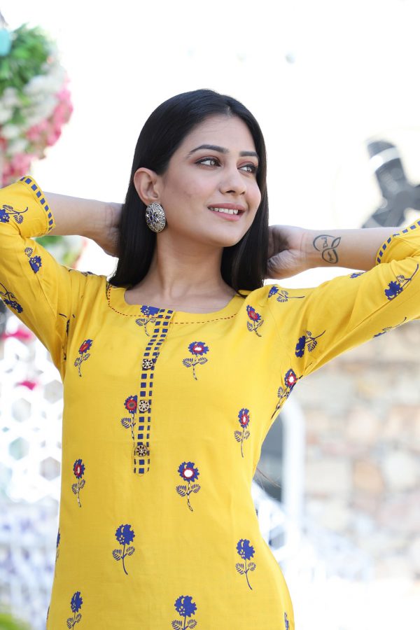 Mustard Mirror Work Kurti with Plazzo - Image 3