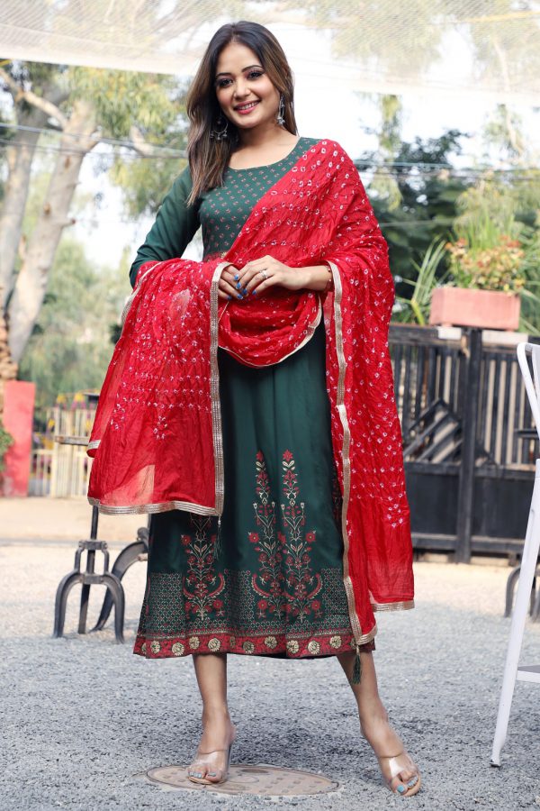 Green Anarkali Kurti with Red Bandhani Dupatta