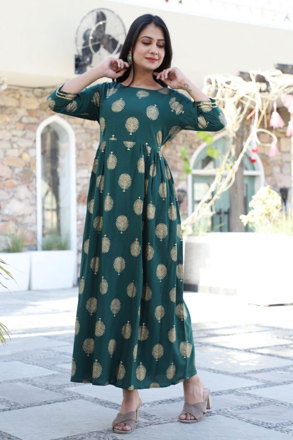 Green Kurti with Printed Gold Tree