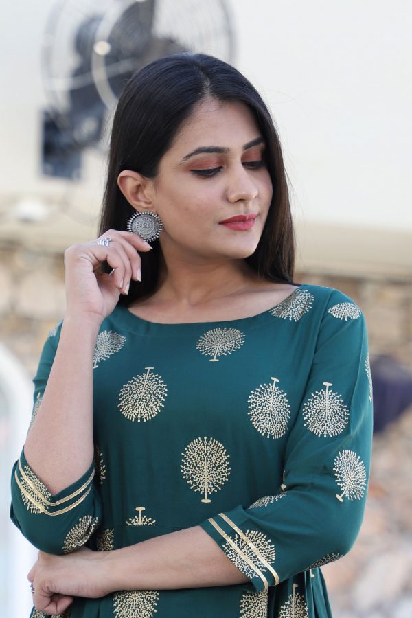 Green Kurti with Printed Gold Tree - Image 2