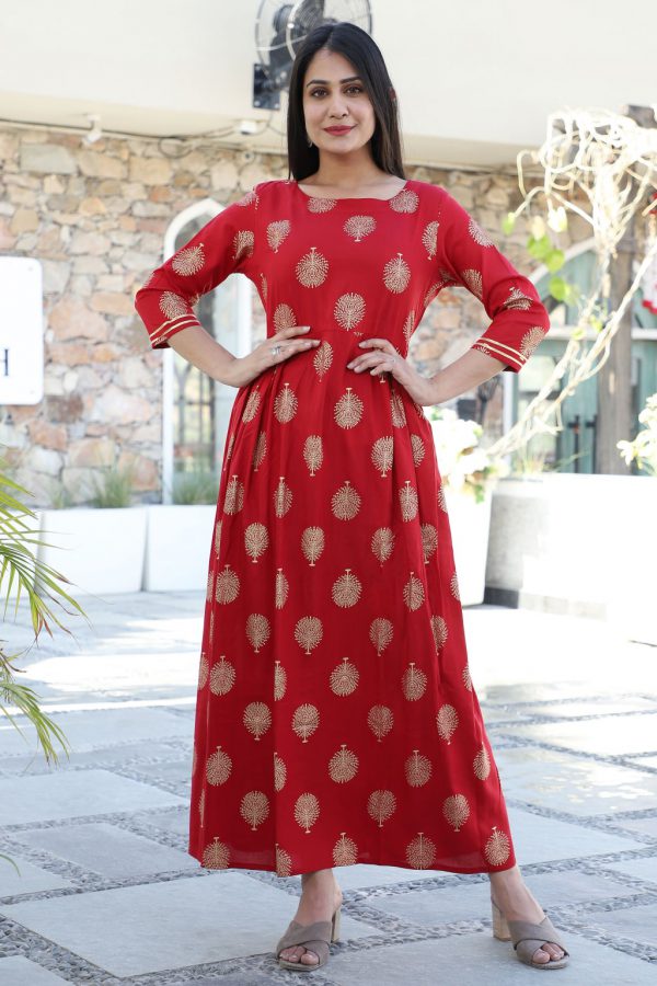 Red Kurti with Printed Gold Tree