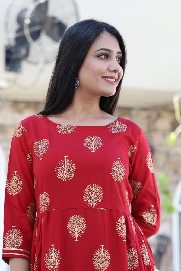 Red Kurti with Printed Gold Tree - Image 2