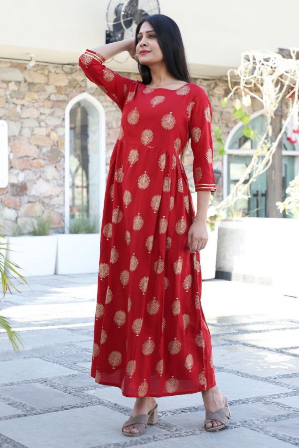 Red Kurti with Printed Gold Tree - Image 3