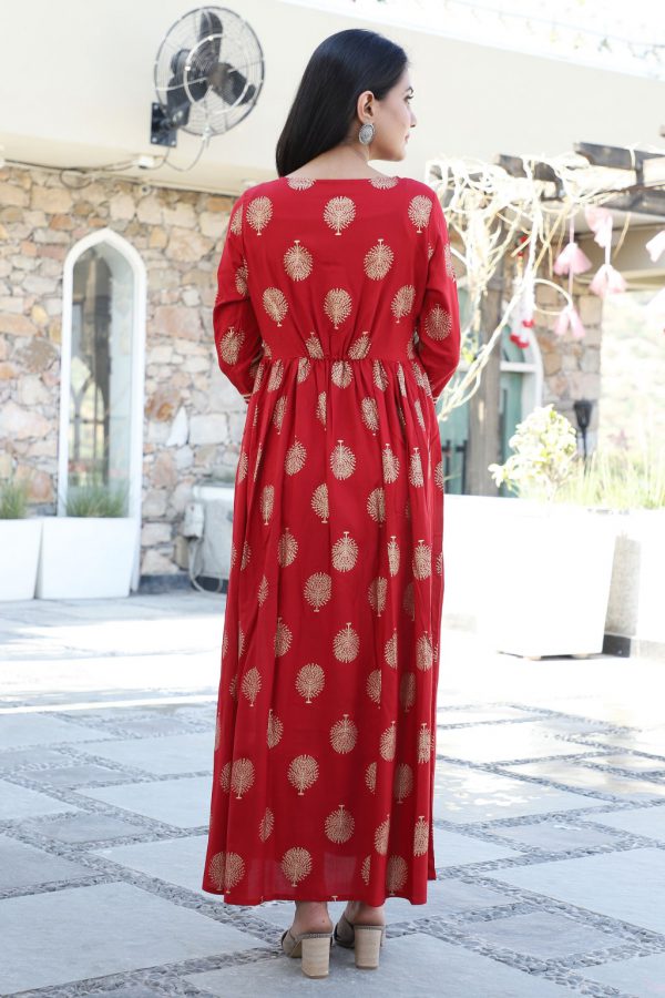 Red Kurti with Printed Gold Tree - Image 4