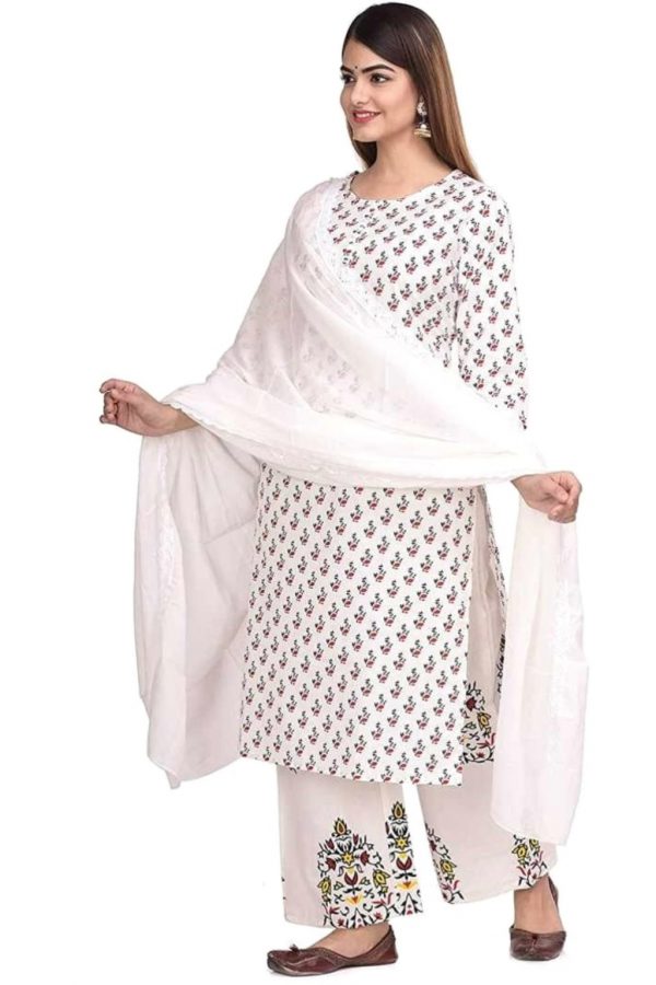 White Jahnvi Kapoor Women's Kurti with Plazzo & Dupatta - Image 3