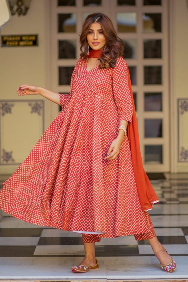 Red Bagru Print Dress Set