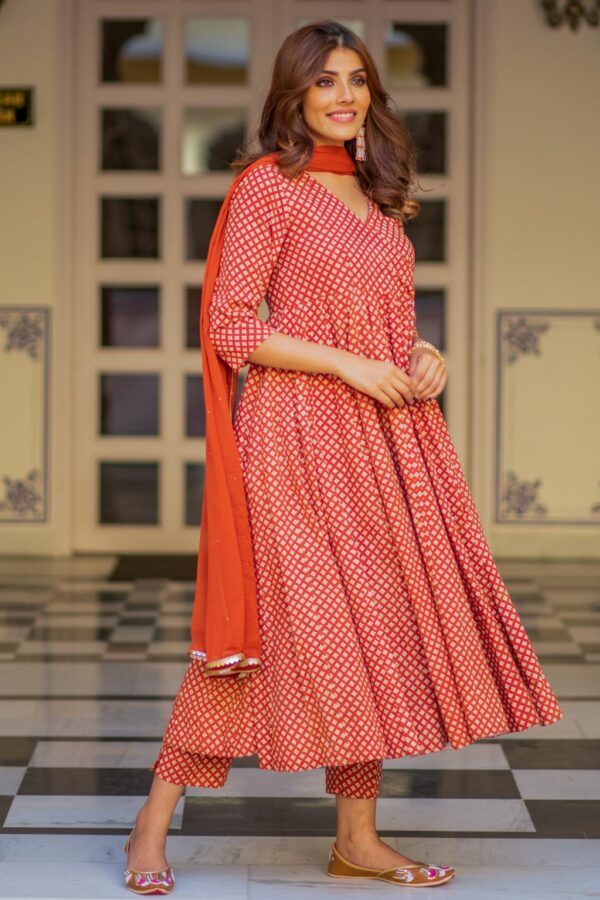 Red Bagru Print Dress Set - Image 3