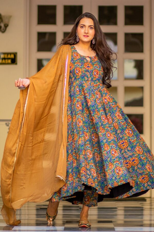 Mustard Bagru Print Dress Set