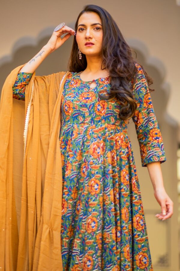 Mustard Bagru Print Dress Set - Image 5