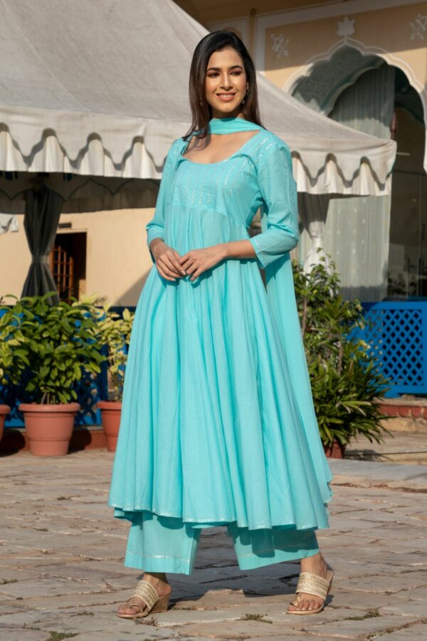 Aqua Silver Embroidery Dress Set