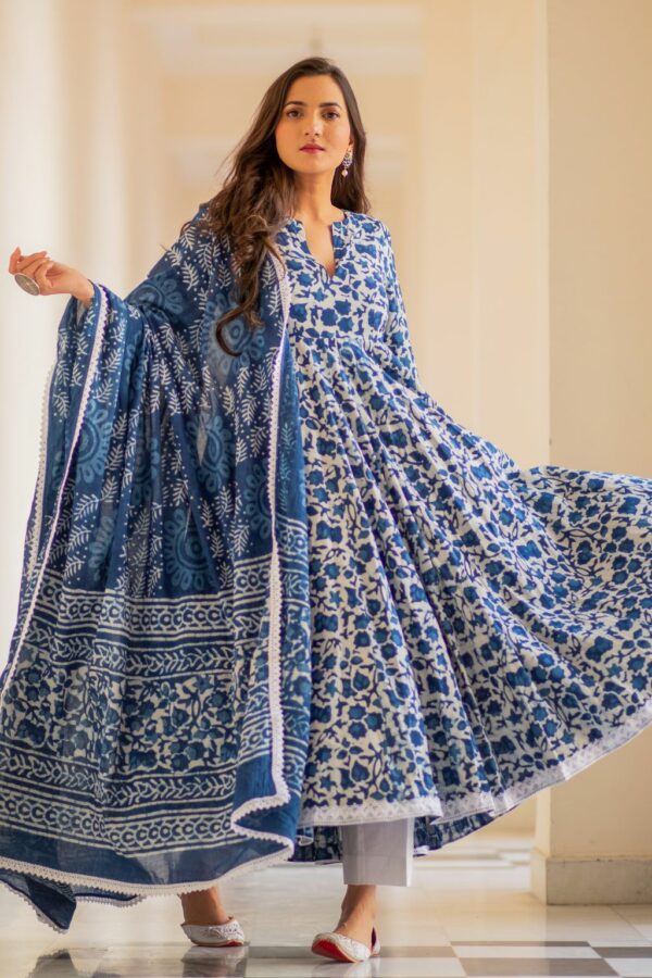 Indigo Dabu Print Cotton Dress Set