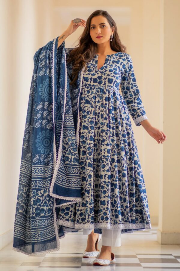 Indigo Dabu Print Cotton Dress Set - Image 2