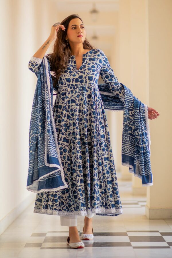 Indigo Dabu Print Cotton Dress Set - Image 3