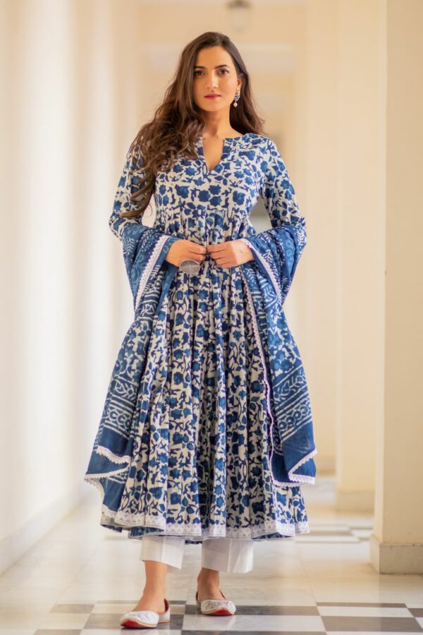 Indigo Dabu Print Cotton Dress Set - Image 4