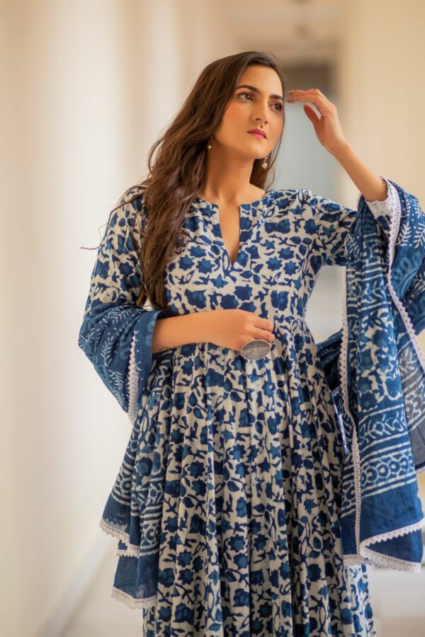 Indigo Dabu Print Cotton Dress Set - Image 7