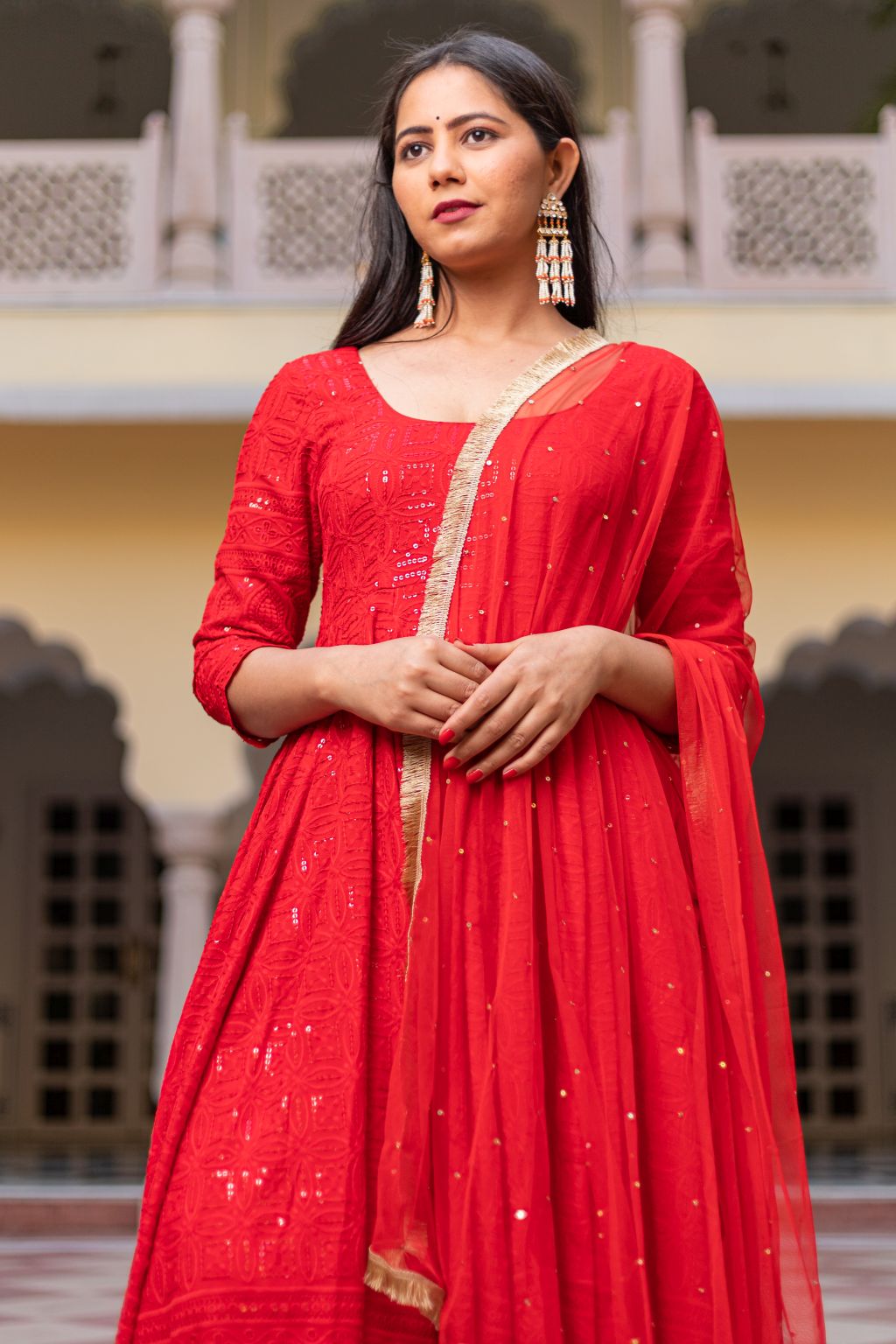 Red Anarkali Dress for Karwa Chauth with beautiful Chikankari Work - Dress  me Royal