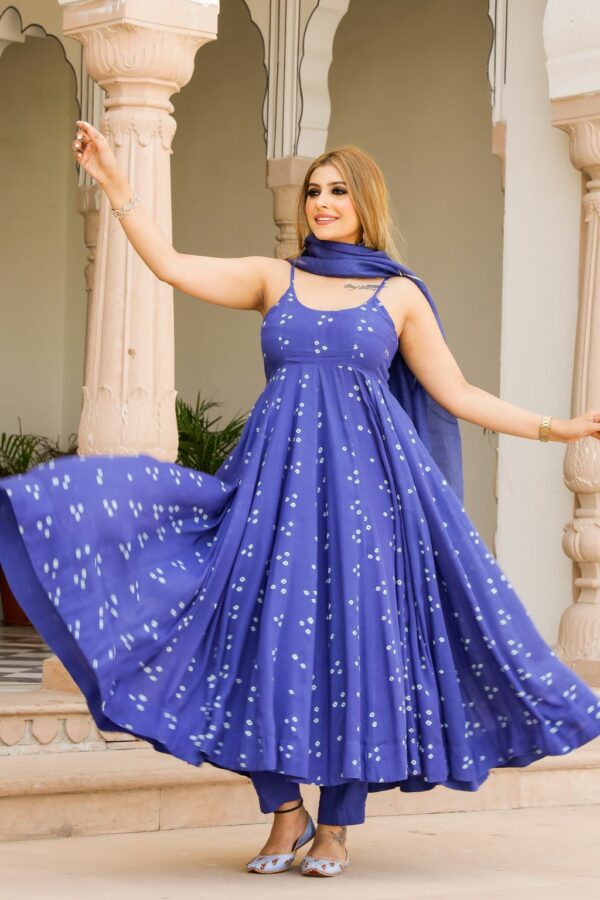 Royal Blue Bandhej Modal Anarkali Kurta Pant Dupatta Set - Image 8