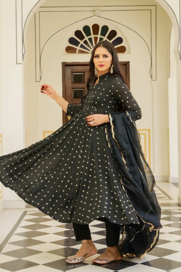 Black Bandhej Modal Anarkali Kurta Pant Dupatta Set - Image 3