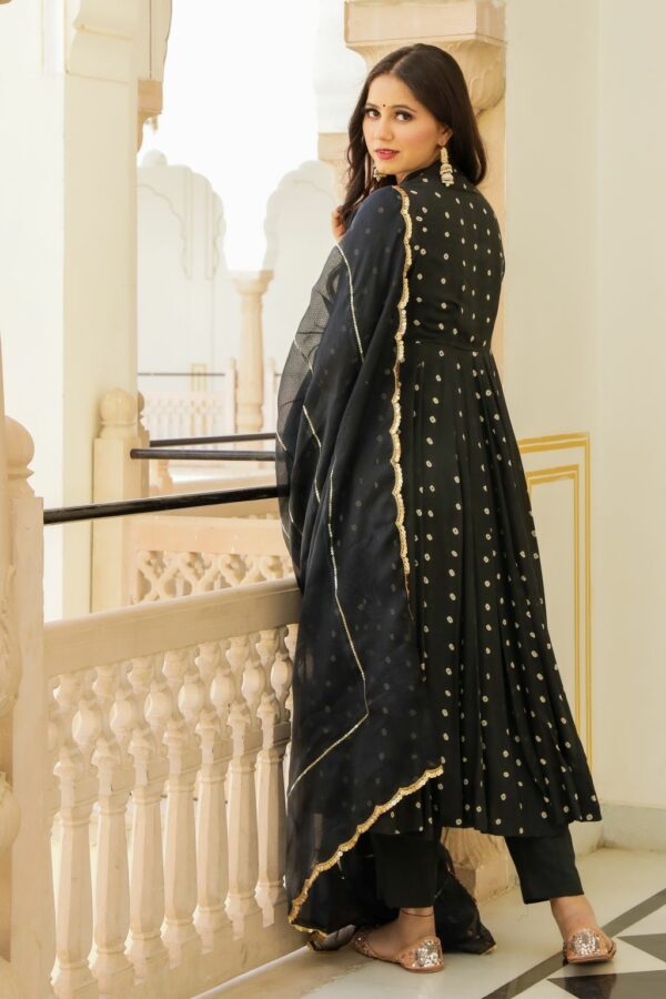 Black Bandhej Modal Anarkali Kurta Pant Dupatta Set - Image 6