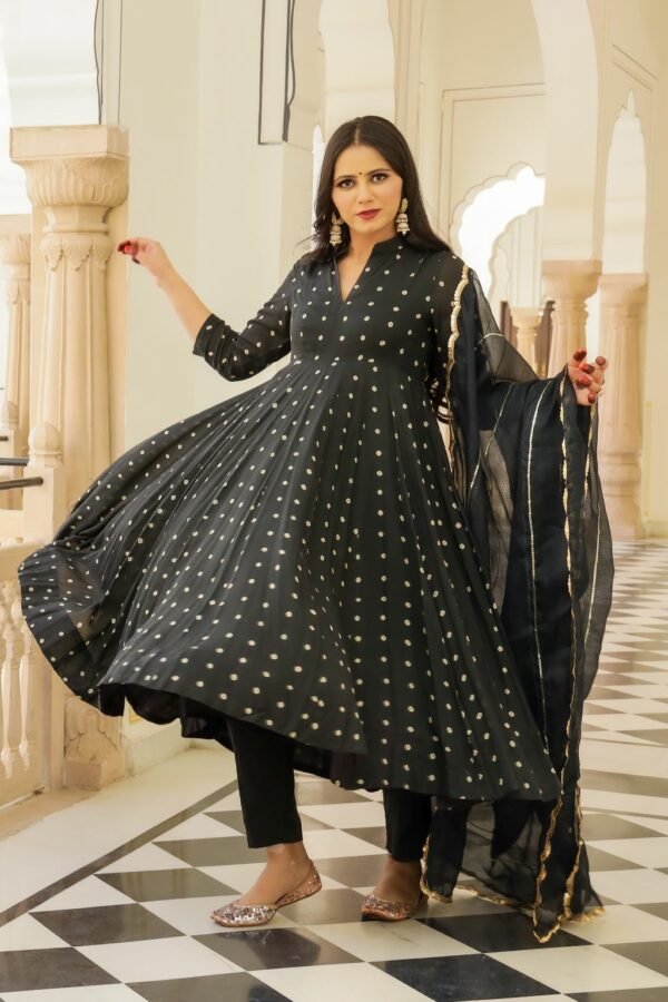 Black Bandhej Modal Anarkali Kurta Pant Dupatta Set - Image 7