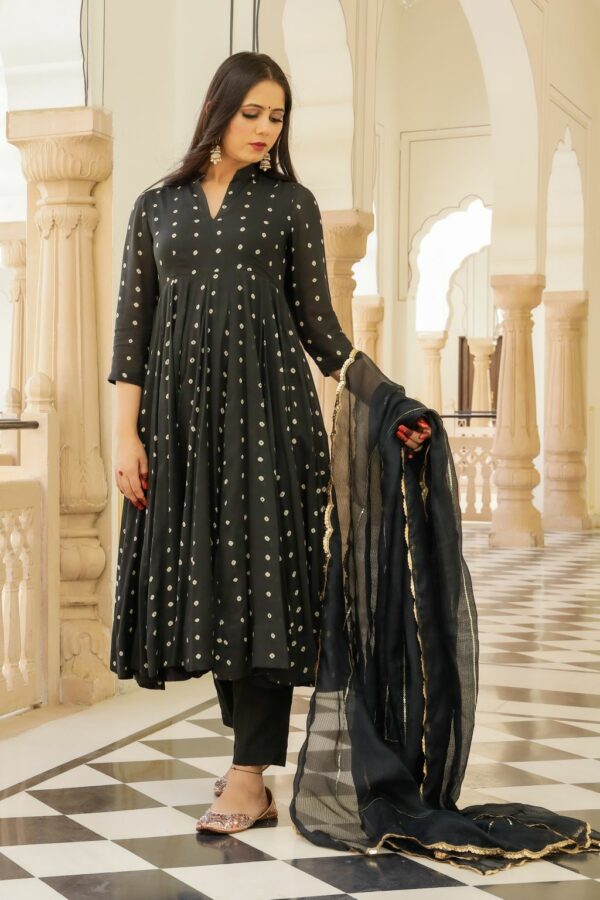 Black Bandhej Modal Anarkali Kurta Pant Dupatta Set - Image 8