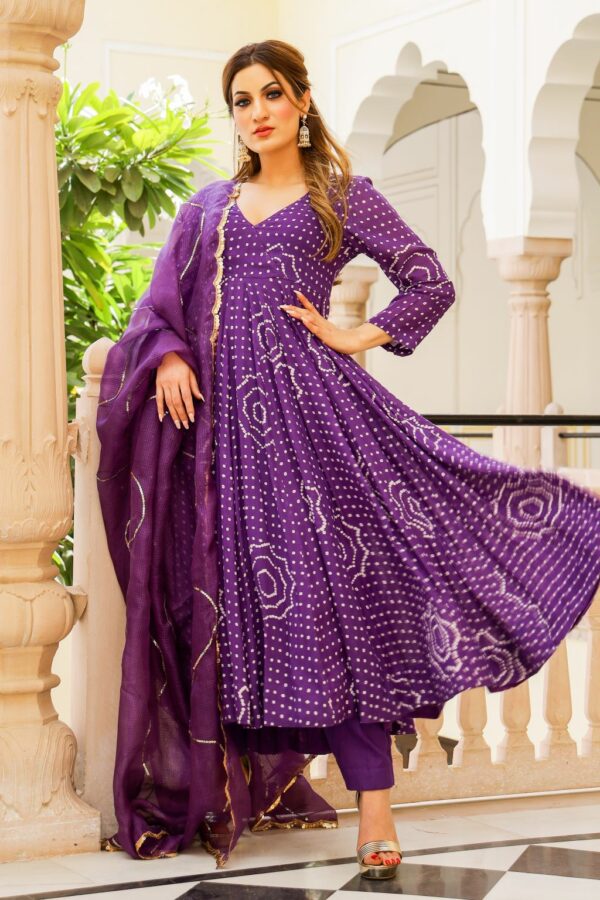 Voilet Bandhej Modal Anarkali Kurta Pant Dupatta Set