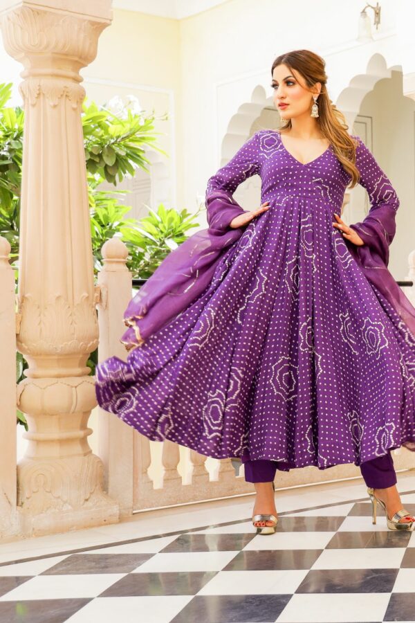 Voilet Bandhej Modal Anarkali Kurta Pant Dupatta Set - Image 3