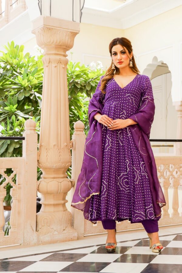 Voilet Bandhej Modal Anarkali Kurta Pant Dupatta Set - Image 5