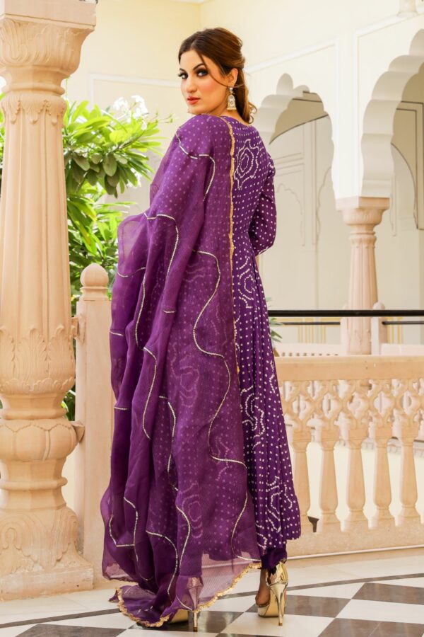 Voilet Bandhej Modal Anarkali Kurta Pant Dupatta Set - Image 8