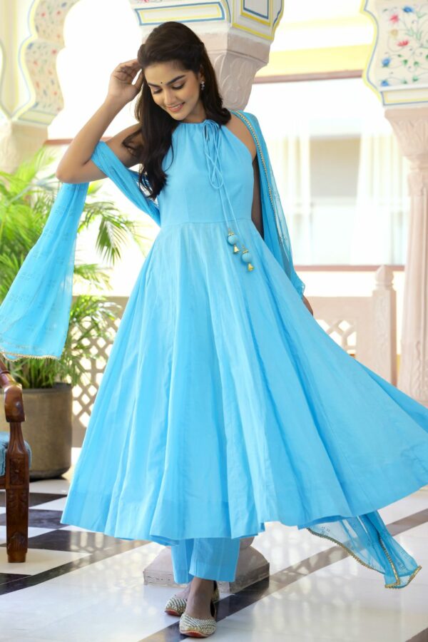 Maya Blue Gold Hand Block Anarkali Set - Image 3