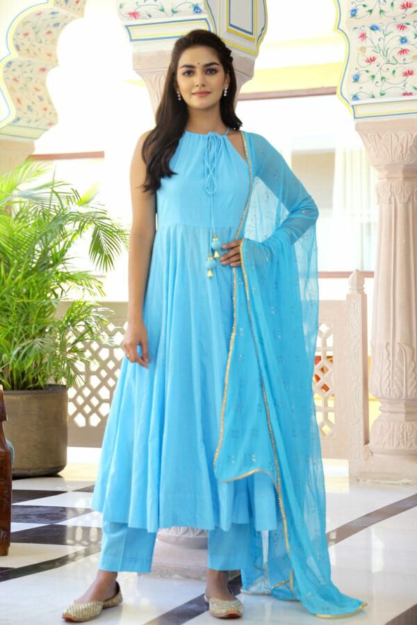 Maya Blue Gold Hand Block Anarkali Set - Image 4