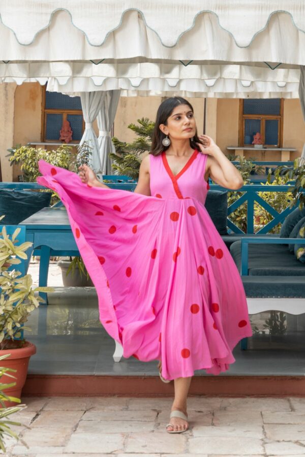 Pink Polka Dot Anghrakha Dress - Image 2