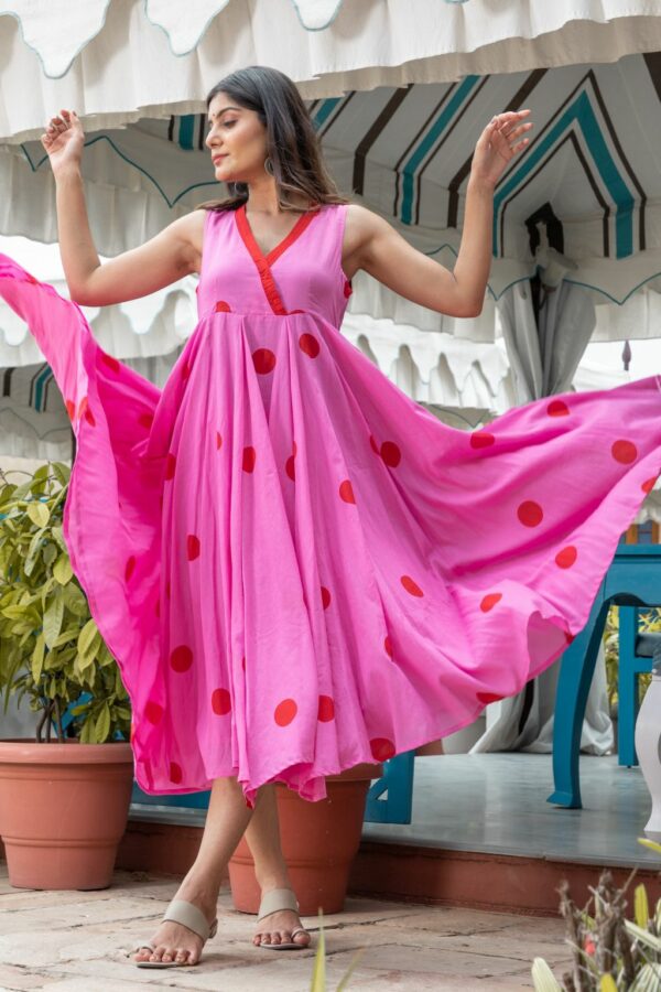 Pink Polka Dot Anghrakha Dress - Image 5