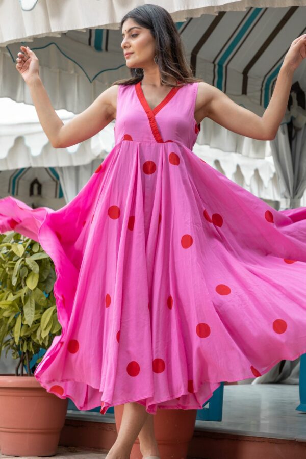 Pink Polka Dot Anghrakha Dress - Image 6