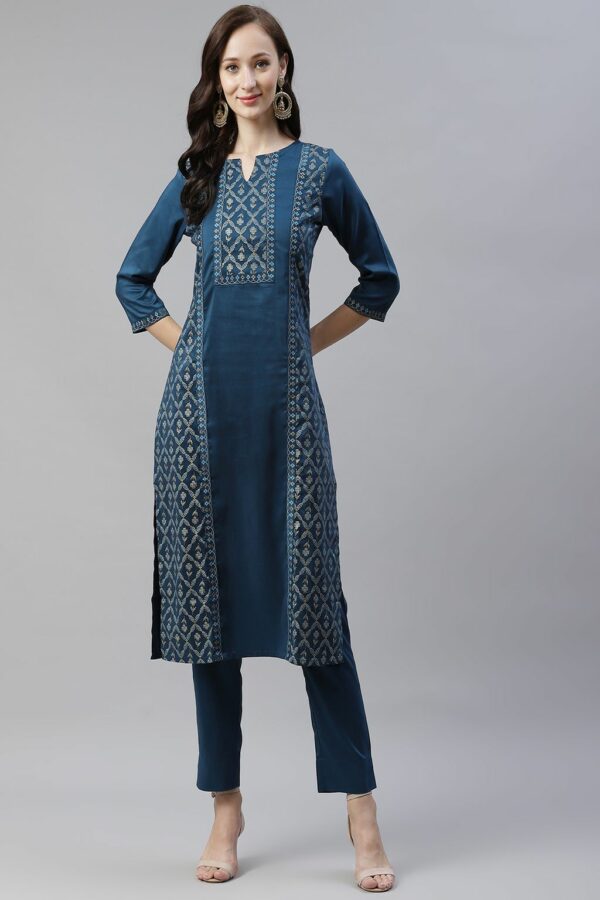 Teal Color Foil Printed Straight Kurta And Pant Set