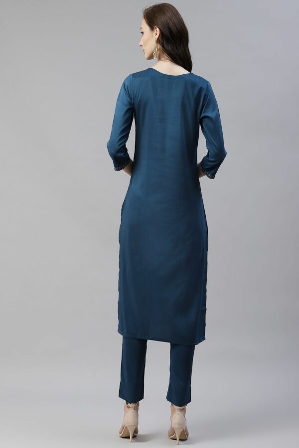 Teal Color Foil Printed Straight Kurta And Pant Set - Image 3