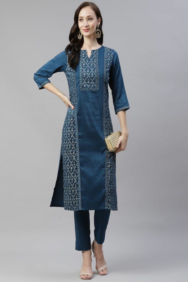 Teal Color Foil Printed Straight Kurta And Pant Set - Image 5