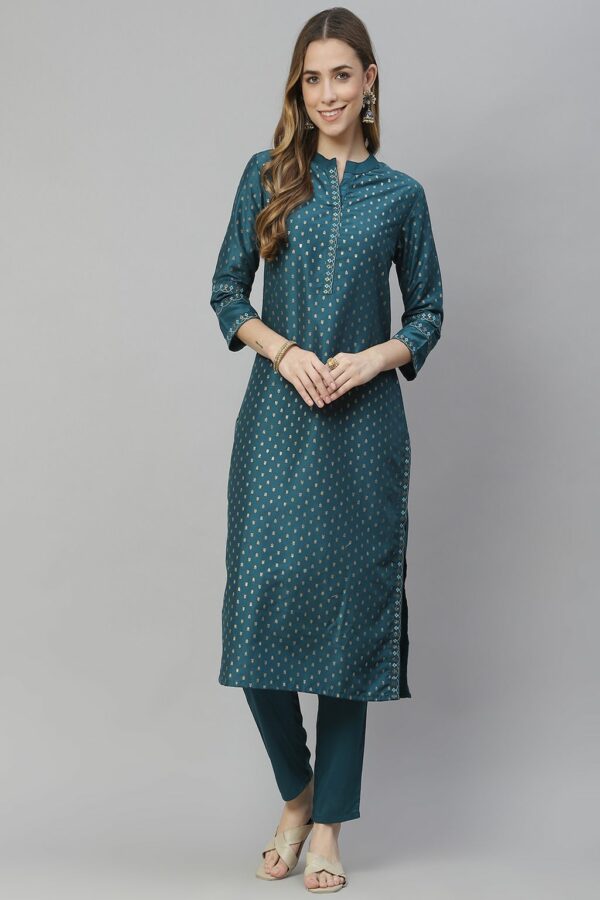 Teal Blue Color Foil Print Straight Kurta And Pant Set