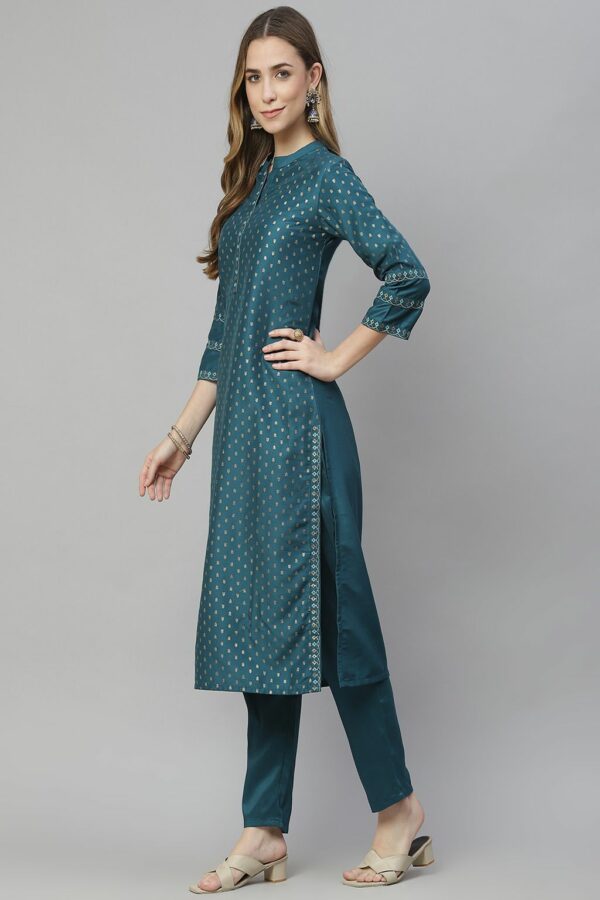 Teal Blue Color Foil Print Straight Kurta And Pant Set - Image 2