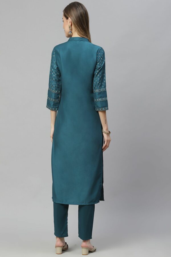 Teal Blue Color Foil Print Straight Kurta And Pant Set - Image 3