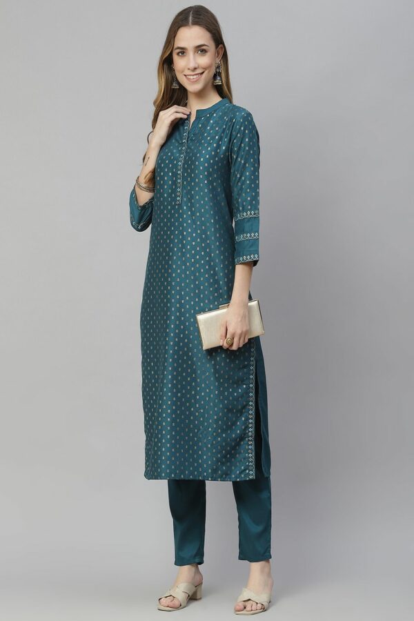 Teal Blue Color Foil Print Straight Kurta And Pant Set - Image 5