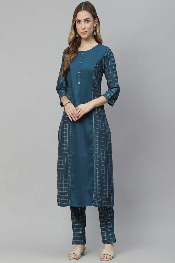 Teal Blue Color Foil Print Straight Kurta And Pant Set