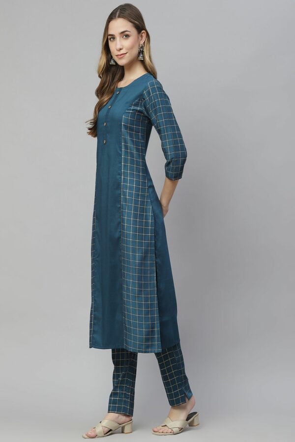 Teal Blue Color Foil Print Straight Kurta And Pant Set - Image 2