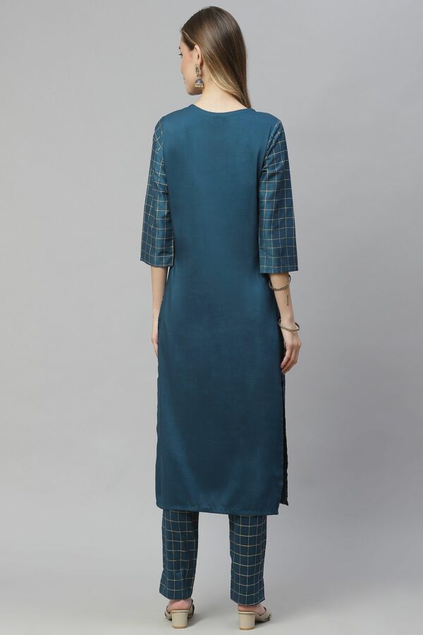 Teal Blue Color Foil Print Straight Kurta And Pant Set - Image 3